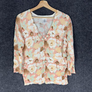 George Cardigan Women XL Pink Floral Button Up V-Neck Long Sleeve Rayon Knit